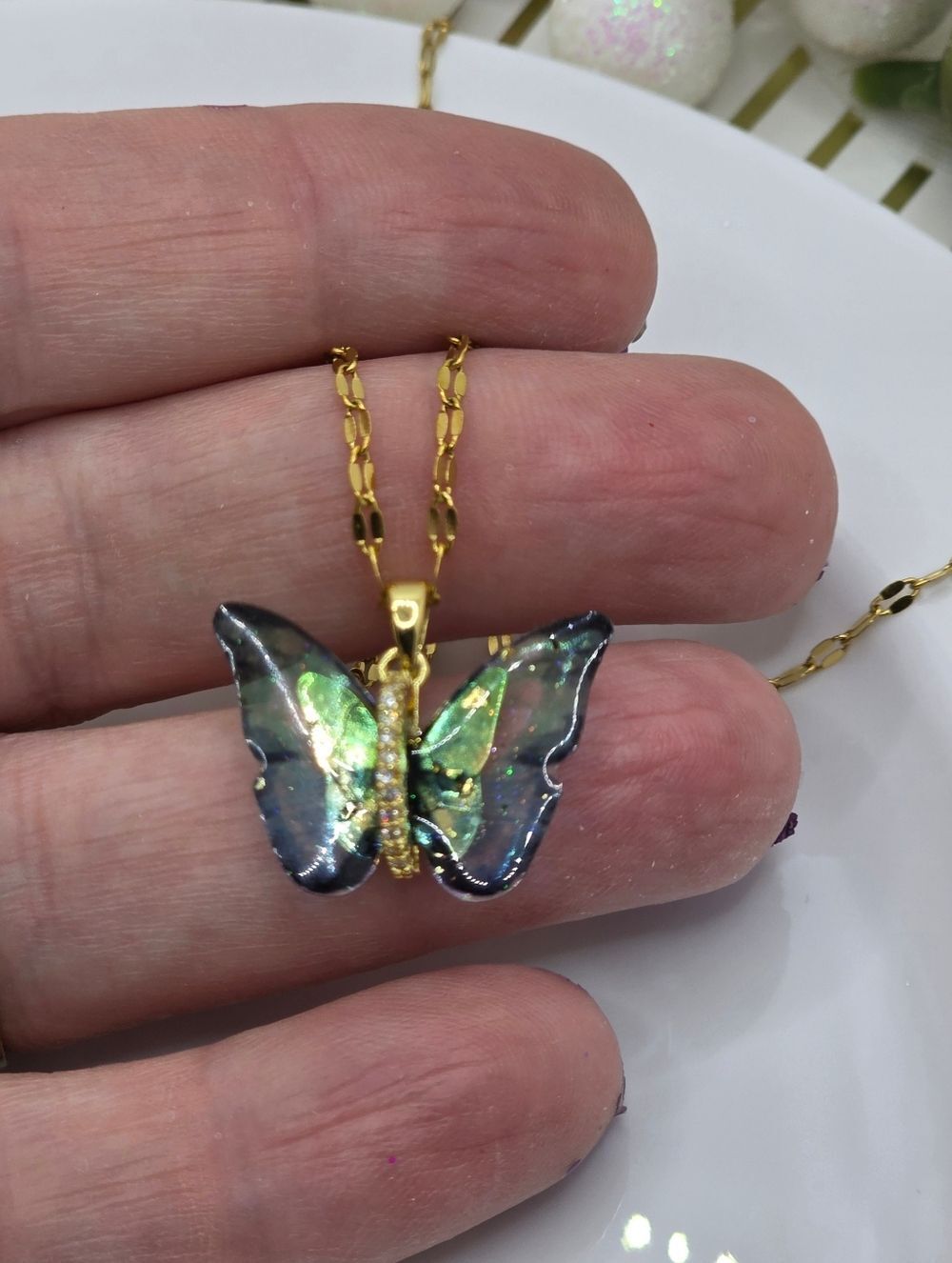 18K Gold Plated Titanium Blue & Green Butterfly Choker Pendant Necklace - Picture 5 of 6
